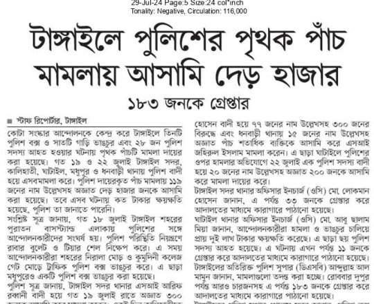 টাঙ্গাইলে পুলিশের পৃথক পাঁচ মামলায় আসামি দেড় হাজার